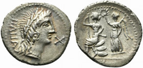 The Bellum Sociale, Denarius, Bovianum, Corfinium or Aesernia, ca. 90-89 BC; AR (g 3,68; mm 21; h 5); Laureate head of Italia r.; behind, ITALIA and b...