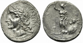 The Bellum Sociale, Denarius, Bovianum, Corfinium or Aesernia, ca. 90-89 BC; AR (g 3,59; mm 20; h 12); Laureate head of Italia l.; behind, viteliú in ...