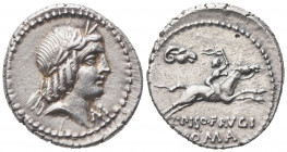 L. Calpurnius Piso L.f. L.n. Frugi, Denarius, Rome, ca. 90 BC; AR (g 3,89; mm 18; h 8); Laureate head of Apollo r.; before, control letter, Rv. Horsem...