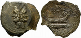 L. Calpurnius Piso L.f. L.n. Frugi, As, Rome, ca. 90 BC; AE (g 14,37; mm 30; h 11); Laureate head of Janus; above, I, Rv. Prow r. on which stands Vict...