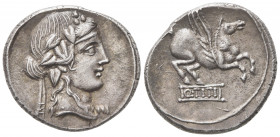 Q. Titius, Denarius, Rome, 90 BC; AR (g 3,84; mm 18; h 1); Ivy-wreathed head of Bacchus (Liber) r., Rv. Pegasus prancing r.; below, Q TITI in linear f...