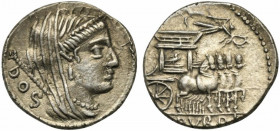 L. Rubrius Dossenus, Denarius, Rome, 87 BC; AR (g 3,28; mm 17; h 7); Veiled and diademed head of Juno r., with sceptre over shoulder; behind, DOS, Rv....