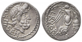 L. Rubrius Dossenun, Quinarius, Rome, 87 BC; AR (g 1,93; mm 13; h 1); Laureate head of Neptune r., with trident over shoulder; behind, DOS - SEN, Rv. ...