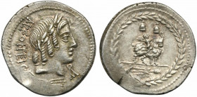 Mn. Fonteius C.f., Denarius, Rome, 85 BC; AR (g 3,97; mm 21; h 9); Laureate head of Apollo Veiovis r.; below, thunderbolt; behind, MN FONTEI C F; befo...