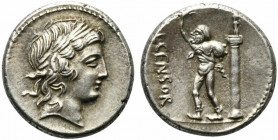 L. Marcius Censorinus, Denarius, Rome, 82 BC; AR (g 3,91; mm 17; h 8); Laureated head of Apollo r., Rv. Marsyas walking l., holding wine-skin over sho...
