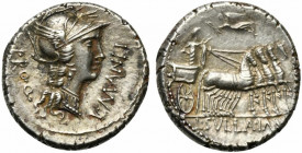 L. Cornelius Sulla Imperator with L. Manlius Torquatus Proquaestor, Denarius, Mint moving with Sulla, 82 BC; AR (g 4,08; mm 17; h 6); Helmeted head of...