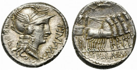 L. Cornelius Sulla Imperator with L. Manlius Torquatus Proquaestor, Denarius, Mint moving with Sulla, 82 BC; AR (g 4,01; mm 16; h 11); Helmeted head o...