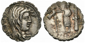 A. Postumius A.f. Sp.n. Albinus, Denarius Serratus, Rome, 81 BC; AR (g 3,97; mm 18; h 6); Veiled head of Hispania r.; behind, HISPAN, Rv. Togate figur...