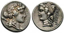 L. Cassius Q.f. Longinus, Denarius, Rome, 78 BC; AR (g 3,95; mm 17; h 9); Head of Liber r., wearing ivy wreath and with thyrsus over shoulder, Rv. Hea...