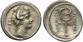 M. Plaetorius M.f. Cestianus, Denarius, Rome, 69 BC; AR (g 3,96; mm 19; h 5); Female bust r., draped and decorated with poppy heads; behind, control s...
