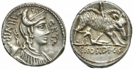 C. Hosidius C.f. Geta, Denarius, Rome, 68 BC; AR (g 4,11; mm 16; h 1); Draped bust of Diana r., with bow and quiver over shoulder; before, GETA; behin...