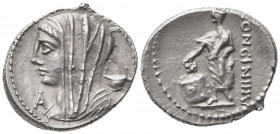 L. Cassius Longinus, Denarius, Rome, 63 BC; AR (g 3,81; mm 20; h 7); Head of Vesta l., wearing veil and diadem; behind, dish; before, control letter, ...