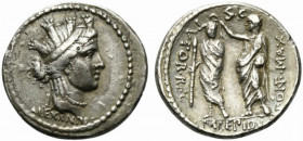M. Aemilius Lepidus, Denarius, Rome, 61 BC; AR (g 3,66; mm 18; h 6); Female head r., wearing turreted diadem; below, ALEXSANDR (sic!), Rv. Togate figu...