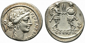 C. Servilius C.f., Denarius, Rome, 57 BC; AR (g 3,82; mm 18; h 4); Head of Flora r.; behind, lituus; before, FLORAL PRIMVS, Rv. Two soldiers facing ea...