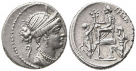 Faustus Cornelius Sulla, Denarius, Rome, 56 BC; AR (g 3,99; mm 17, h 5); Diademed and draped bust of Diana r.; above, crescent; behind, lituus; before...