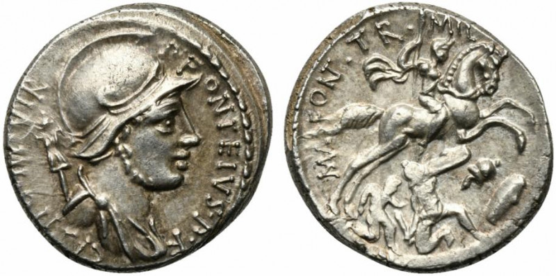 P. Fonteius P.f. Capito, Denarius, Rome, 55 BC; AR (g 4,01; mm 17; h 6); Helmete...