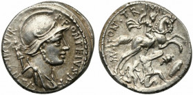 P. Fonteius P.f. Capito, Denarius, Rome, 55 BC; AR (g 4,01; mm 17; h 6); Helmeted and draped bust of Mars r., with trophy over shoulder; around, P FON...