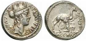 A. Plautius, Denarius, Rome, 55 BC; AR (g 3,90; mm 17; h 3); Head of Cybele r., with turreted crown; before, A PLAVTIVS; behind, AED CVR S C, Rv. Drom...