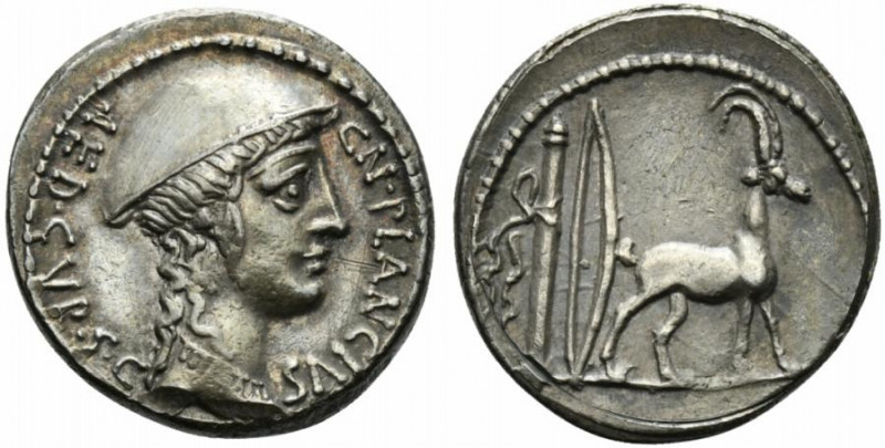 Cn. Plancius, Denarius, Rome, 55 BC; AR (g 3,97; mm 18; h 1); Female head r., we...