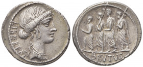 M. Junius Brutus, Denarius, Rome, 54 BC; AR (g 3,90; mm 20; h 6); Head of Libertas r.; behind, LIBERTAS, Rv. L. Junius Brutus (Cos. 509), walking l., ...