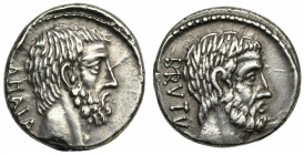 M. Junius Brutus, Denarius, Rome, 54 BC; AR (g 4,26; mm 17; h 9); Head of L. Junius Brutus (Cos. 509) r.; behind, BRVTVS, Rv. Head of C. Servilius Aha...