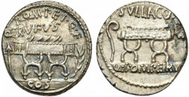 Q. Pompeius Rufus, Denarius, Rome, 54 BC; AR (g 3,48; mm 17; h 11); Curule chair; on l., arrow; on r., laurel branch; above, Q POMPEI Q F / RVFVS; bel...