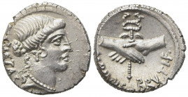 D. Junius Brutus Albinus, Denarius, Rome, 48 BC; AR (g 3,76; mm 17; h 9); Head of Pietas r.; behind, PIETAS, Rv. Two hands clasped and holding winged ...