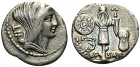 C. Julius Caesar, Quinarius, Mint moving with Caesar, 13 July 48-47 BC; AR (g 1,64; mm 14; h 5); Veiled female bust r.; behind, LII and culullus, Rv. ...