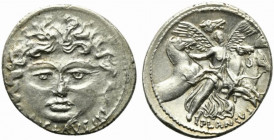 L. Plautius Plancus, Denarius, Rome, 47 BC; AR (g 3,91; mm 20; h 1); Head of Medusa facing; below, L PLAVTIVS, Rv. Victory facing, holding palm branch...