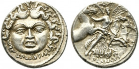 L. Plautius Plancus, Denarius, Rome, 47 BC; AR (g 3,95; mm 17; h 3); Head of Medusa facing; below, L PLAVTIVS, Rv. Victory facing, holding palm branch...