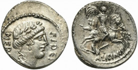A. Licinius Nerva, Denarius, Rome, 47 BC; AR (g 3,58; mm 17; h 2); Laureate head of Fides r.; before FIDES; behind, NERVA, Rv. Horseman galloping r., ...