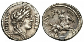 A. Licinius Nerva, Denarius, Rome, 47 BC; AR (g 3,58; mm 17; h 2); Laureate head of Fides r.; before FIDES; behind, A LICINIVS, Rv. Horseman galloping...