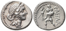 C. Julius Caesar, Denarius, Africa, 47-46 BC; AR (g 3,74; mm 18; h 5); Diademed head of Venus r., Rv. Aeneas advancing l., carrying on his shoulder An...