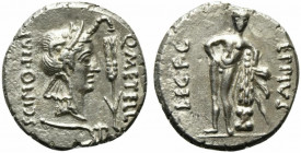 Q. Caecilius Metellus Scipio and Eppius, Denarius, Africa, 47-46 BC; AR (g 3,66; mm 17; h 6); Head of Africa r., wearing elephant's skin; on r., corn ...