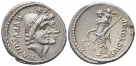 Mn. Cordius Rufus, Denarius, Rome, 46 BC; AR (g 3,93; mm 18; h 5); Jugate heads of the Dioscuri r., wearing laureate pilei; behind, RVFVS III VIR, Rv....