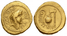 C. Julius Caesar and A. Hirtius, Aureus, Rome, 46 BC; AV (g 8,22; mm 19; h 6); Veiled female head r.; around, C CAESAR COS TER, Rv. Lituus, jug and ax...