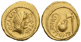 C. Julius Caesar and A. Hirtius, Aureus, Rome, 46 BC; AV (g 8,15; mm 20; h 11); Veiled female head r.; around, C CAESAR COS TER, Rv. Lituus, jug and a...