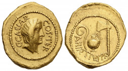 C. Julius Caesar and A. Hirtius, Aureus, Rome, 46 BC; AV (g 8,16; mm 21; h 6); Veiled female head r.; around, C CAESAR COS TER, Rv. Lituus, jug and ax...