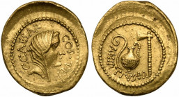 C. Julius Caesar and A. Hirtius, Aureus, Rome, 46 BC; AV (g 8,05; mm 23; h 6); Veiled female head r.; around, C CAESAR COS TER, Rv. Lituus, jug and ax...