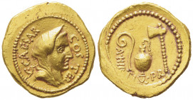 C. Julius Caesar and A. Hirtius, Aureus, Rome, 46 BC; AV (g 7,85; mm 20; h 6); Veiled female head r.; around, C CAESAR COS TER, Rv. Lituus, jug and ax...