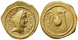 C. Julius Caesar and A. Hirtius, Aureus, Rome, 46 BC; AV (g 8,23; mm 20; h 11); Veiled female head r.; around, C CAESAR COS TER, Rv. Lituus, jug and a...