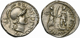 Cn. Pompeius Junior and M. Poblicius, Denarius, Spain, 46-45 BC; AR (g 3,88; mm 20; h 6); Helmeted head of Roma r.; around, M POBLICI LEG PRO - PR, Rv...