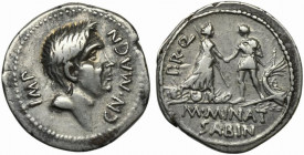 Cn. Pompeius Junior and M. Minatius Sabinus, Denarius, Spain: Corduba, 46-45 BC; AR (g 3,92; mm 19; h 9); Head of Cnaeus Pompeius Magnus r.; around, C...