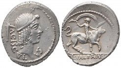 L. Valerius Acisculus, Denarius, Rome, 45 BC; AR (g 3,69; mm 19; h 11); Head of Apollo r., hair tied with band; above, star; behind, pickaxe (acisculu...