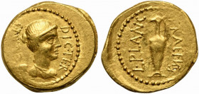 C. Julius Caesar with Praefectus Urbi L. Munatius Plancus, Aureus, Rome, 46-45 BC; AV (g 8,09; mm 22; h 2); Winged and draped bust of Victory r.; arou...