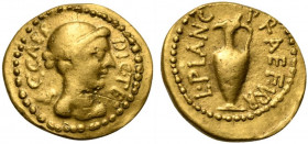 C. Julius Caesar with Praefectus Urbi L. Munatius Plancus, Quinarius, Rome, 46-45 BC; AV (g 3,72; mm 15; h 5); Winged and draped bust of Victory r.; a...