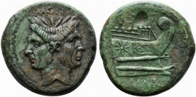 Sex. Pompeius, As, Sicily, ca. 42-38 BC; AE (g 24,28; mm 30; h 12); Laureate head of Janus, with features of Cn. Pompeius Magnus; above, MAGN, Rv. Pro...