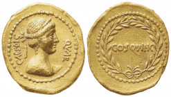 C. Julius Caesar, Aureus, Rome, 44 BC; AV (g 8,14; mm 21; h 12); Diademed bust of Venus r.; behind, CAES DIC; before, QVAR, Rv. COS QVINC, in laurel w...