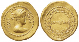 C. Julius Caesar, Aureus, Rome, 44 BC; AV (g 8,14; mm 20; h 5); Diademed bust of Venus r.; behind, CAES DIC; before, QVAR, Rv. COS QVINC, in laurel wr...