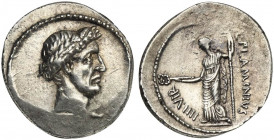 L. Flaminius Chilo, Denarius, Rome, 43 BC; AR (g 3,81; mm 20; h 6); Laureate head of Caesar r., Rv. Goddess standing l., holding caduceus and sceptre;...